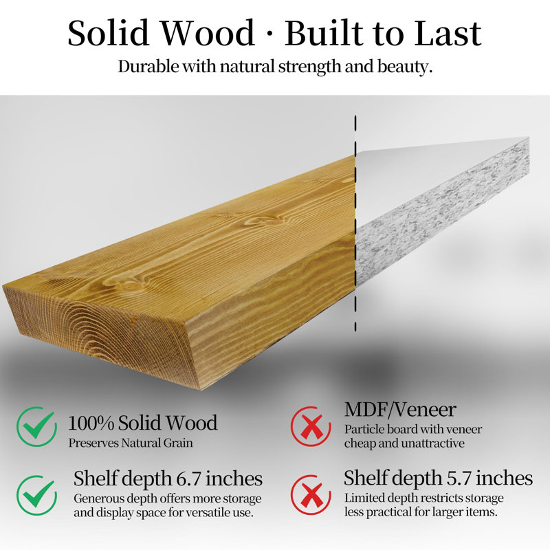 Solid Wood Floating Shelves，Rustic Wooden Wall Shelves, Yellow Brown, 1.25" H x 16" W x 6.7" D