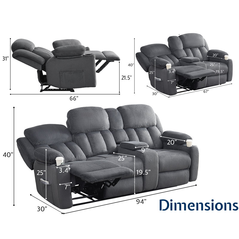 Canapé inclinable moderne, fauteuil confortable avec console, canapé modulaire inclinable 3 pièces avec porte-gobelet et prise de charge, canapés 3 places pour le salon
