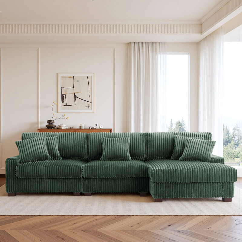 3 Seater Sofa & Chaise, Green Polyester/Foam Padding