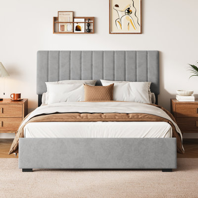 Queen Size Velvet Upholstered Platform Bed with Adjustable Headboard and Metal Slats, Gray