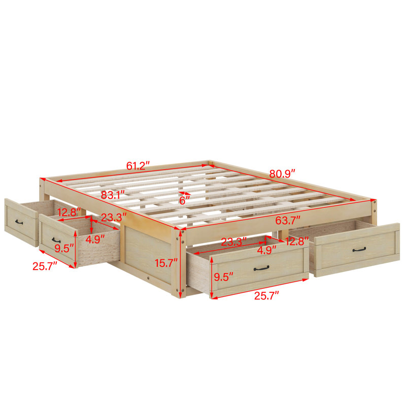 Lit plateforme avec 6 tiroirs, Grand lit,  Naturel antique