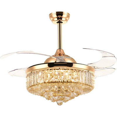 42 Inch Gold Fandelier Ceiling Fan With Light, Crystal Ceiling Fan With Lights And Remote, LED Dimmable Chandelier Fan With Invisible Reversible Fan Blades For Bedroom Living Room Dining Room