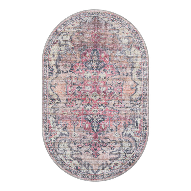 Engelman Oriental Beige/Pink Area Rug, Oval 3'3" x 5'3"