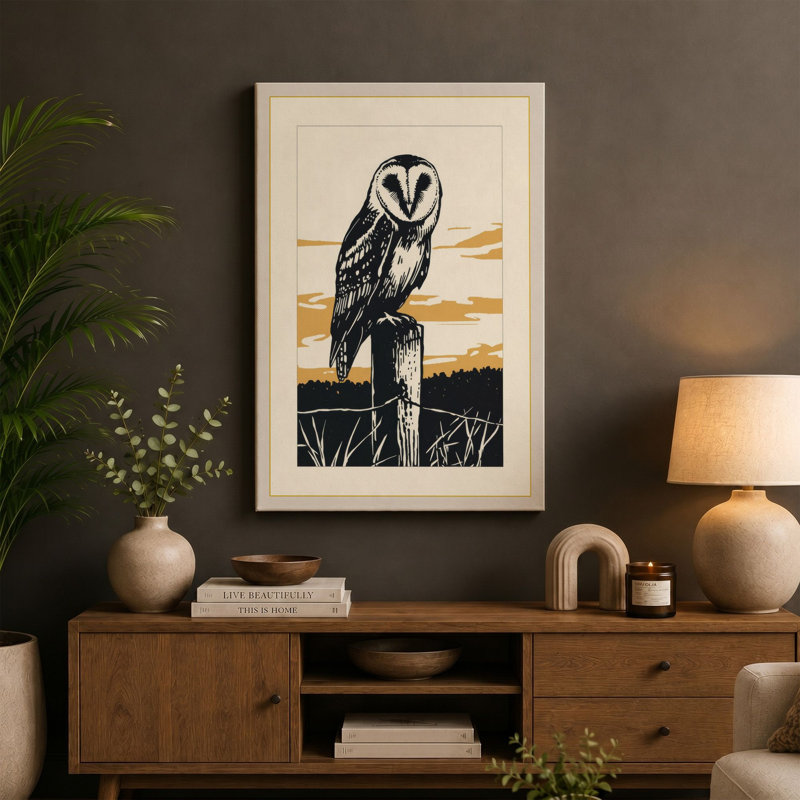 Barn Owl at Dusk Japandi - Wrapped Canvas, 18x12 - 45.7 x 30.5 cm, Sage Border