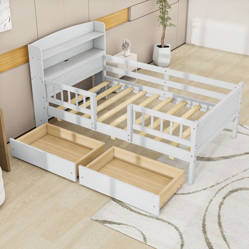 Lit plateforme simple en bois avec éclairage à DEL intégré, 2 tiroirs, tête de rangement et port USB, Blanc