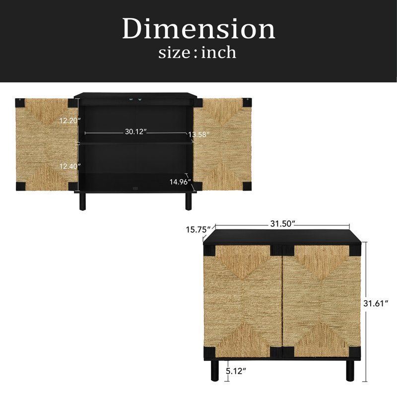Buffet 2 portes avec tablettes réglables, armoire de rangement avec portes décoratives en algues naturelles pour le salon de la cuisine