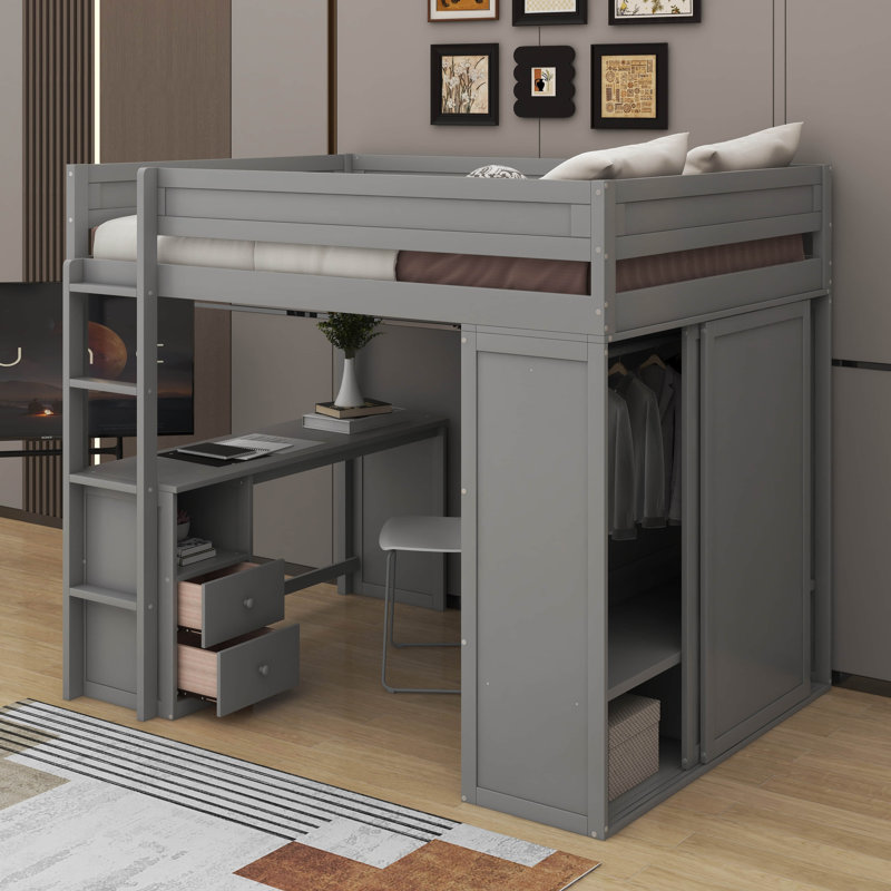 Lit mezzanine double avec placards et bureau, Gris