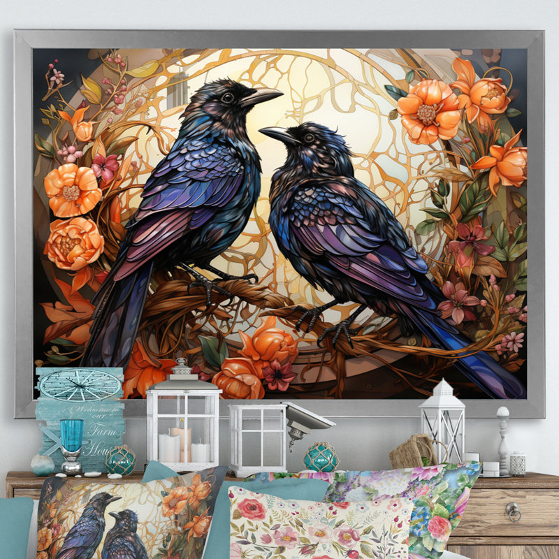 Corbeau enchanté monarques sur toile, Cadre simple argenté, H 34 po x l 44 po x P 1,5 po