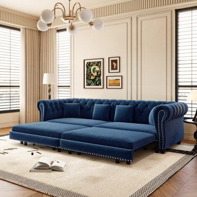 Canapé Chesterfield, 226 cm de large, canapé-lit 3 en 1, convertible, méridienne, canapé 3 places en velours avec pouf amovible