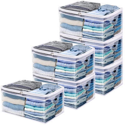 6 Pack Large Clear Clothes Organizer, 80L Zippered Clothes Organizer With Reinforced Handles