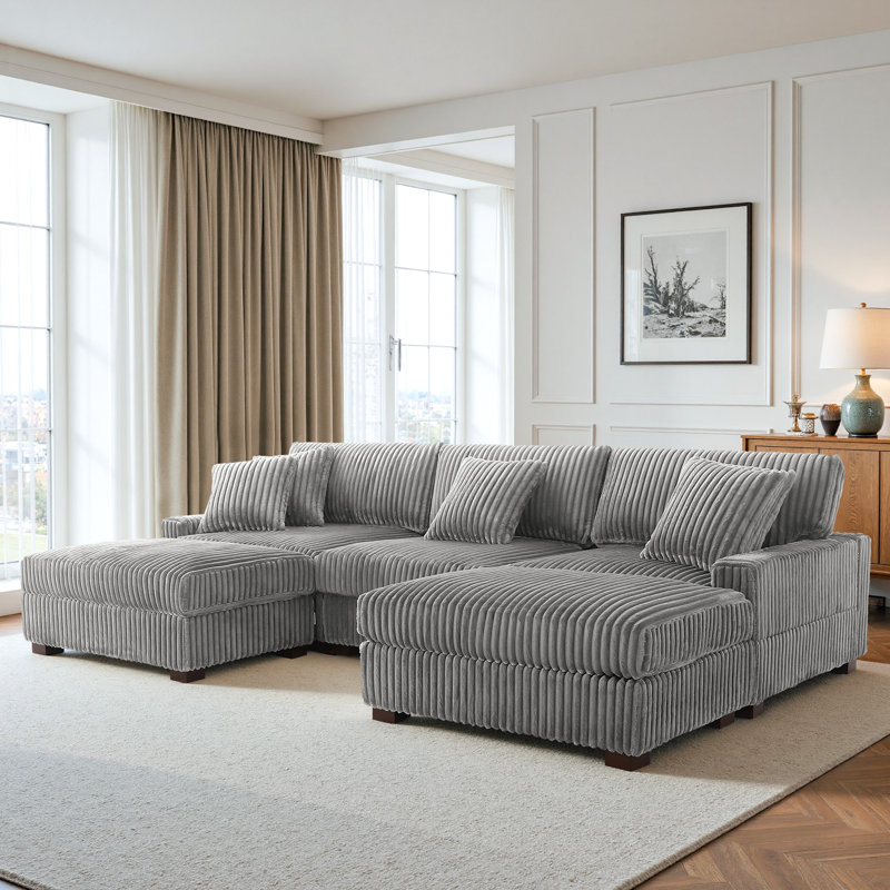 5 Seater Sofa & Chaise, Light Grey Polyester/Foam Padding