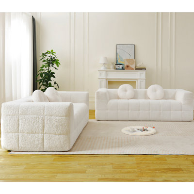 Modern Boneless Couch With Two Circular Throw Pillows,Skin-Friendly Lychee-Textured Long-Pile Polyester Fabric,Checkered Fabric Design Foam Sofa