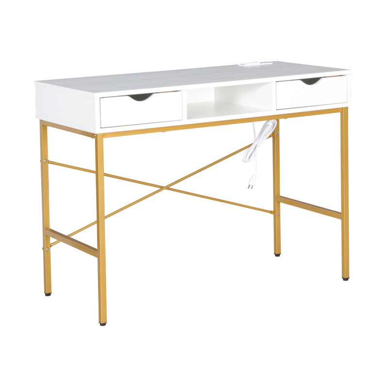 White and Gold Rectangular Desk with Drawer and USB Ports