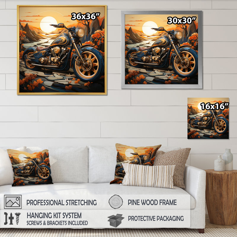 Motif d'orange et de moto orange - imprimé, H 24 po x l 24 po x P 1 po, Toile tendue