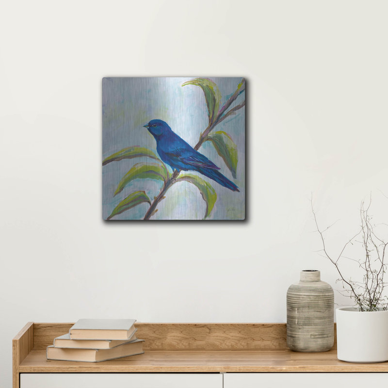 Art mural luxueux «Indigo Bunting» par Jeanette Vertentes, 36 po x 36 po, H 12 po x l 12 po