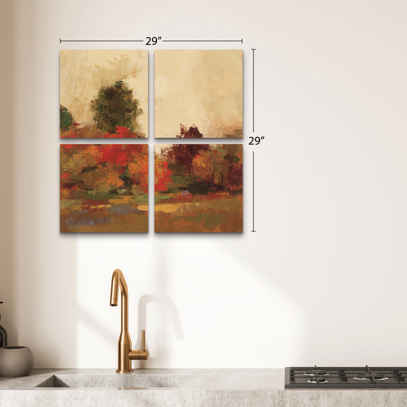 Ensemble de 4 panneaux muraux - Silvia Vassileva «Fall Forest Iii», art mural sur toile pour le salon, la chambre à coucher ou le bureau 