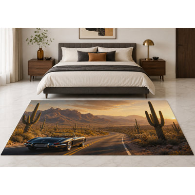 Tapis « Ultra Fin » 152 x 213 cm (5 pi x 7 pi) à motif de voiture classique, coucher de soleil dans le désert, idéal pour une chambre d'enfant, une chambre à coucher, un salon ou un bureau à domicile. Moquette douce à poils courts avec envers antidérapant en silicone.