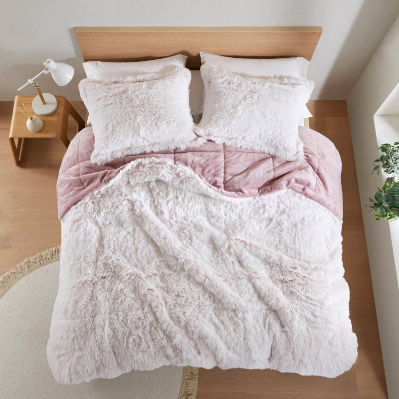 Ensemble de couette 3 pièces en fausse fourrure rose/blanc à poils longs, format King/Cal King, Rose/Blanc