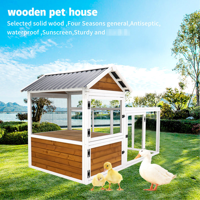 Grand poulailler d'extérieur - 77,4 po, brun jaune, en bois, imperméable, nichoir, cage à oiseaux, cage à lapin pour les amateurs aviaires en bois 77,4 po x 46,3 po x 50 po