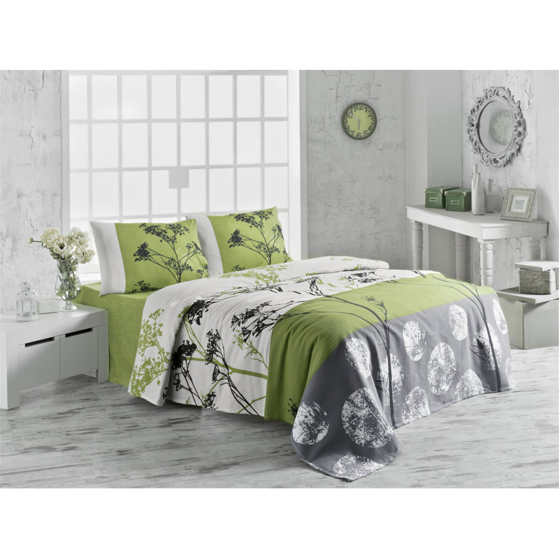 Couvre-lit en coton Soper, 94" x 87" Bedspread, White/Green/Gray