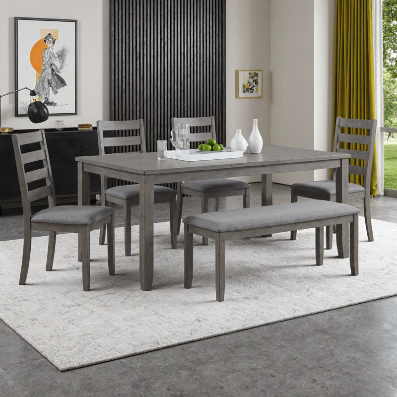 Ensemble de salle à manger 6 pièces pour 6 personnes - Table rectangulaire en bois avec 4 chaises rembourrées + banc, dossier à lattes - Structure en bois d'acacia peu encombrant pour la salle à manger, le bar personnel ou la cuisine familiale