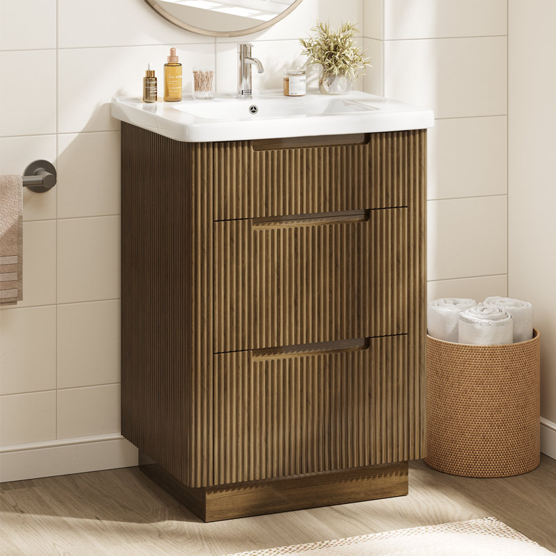 Meuble-lavabo simple 24 po avec panneau à cannelures et lavabo en céramique, Brun