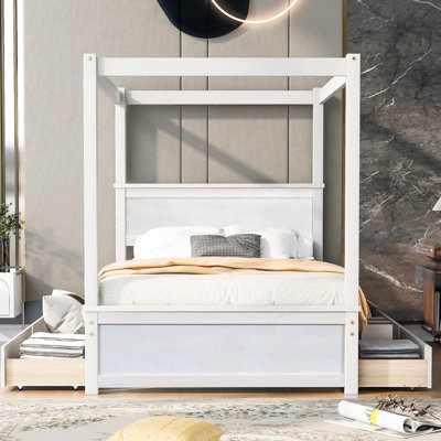 Canopy Platform Bed With Support Slats - Enhance Sleeping Quality White For A Peaceful Sleep Relaxing Atmosphere