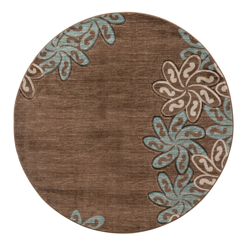 Tapis brun / turquoise à motif floral Zader, Rond 8 pi 1 po