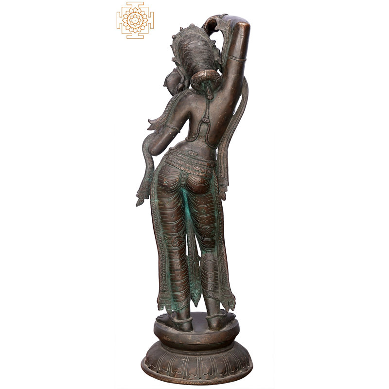 Statue en bronze de 26 po avec miroir Lady Panchaloha - sculpture de tribu indienne faite à la main Madhuchista Vidhana