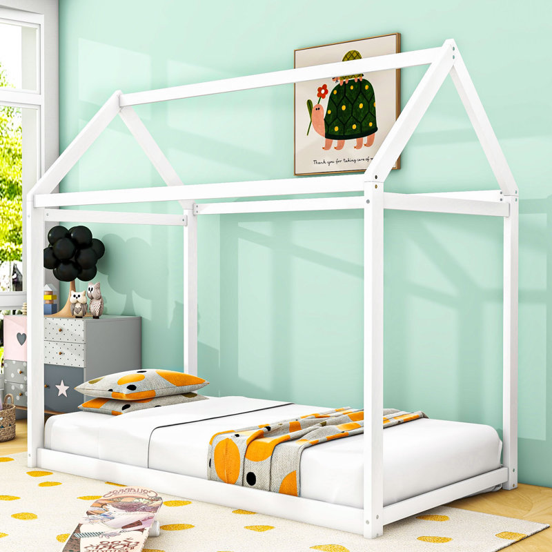 Twin Size Wooden House Bed with Roof, Blanc
