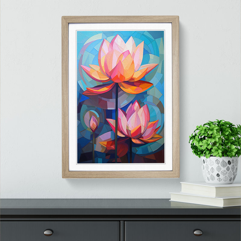 Lotus Flower Cubism No.2 - Single Picture Frame Print on Wood, Oak Framed, 64cm H x 46cm W x 2cm D