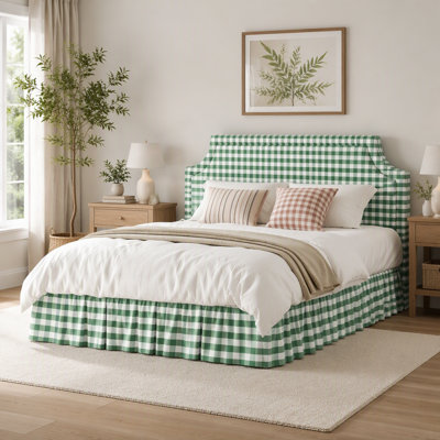 Lit rembourré avec station de charge USB, cadre de lit en tissu écossais Gingham avec tête de lit à dos de chameau et jupe de lit à volants