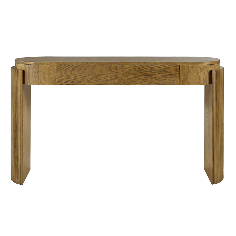 Table d'entrée avec grain de bois naturel, conception cannelée, plateau ovale et 2 tiroirs pour un décor moderne et fonctionnel