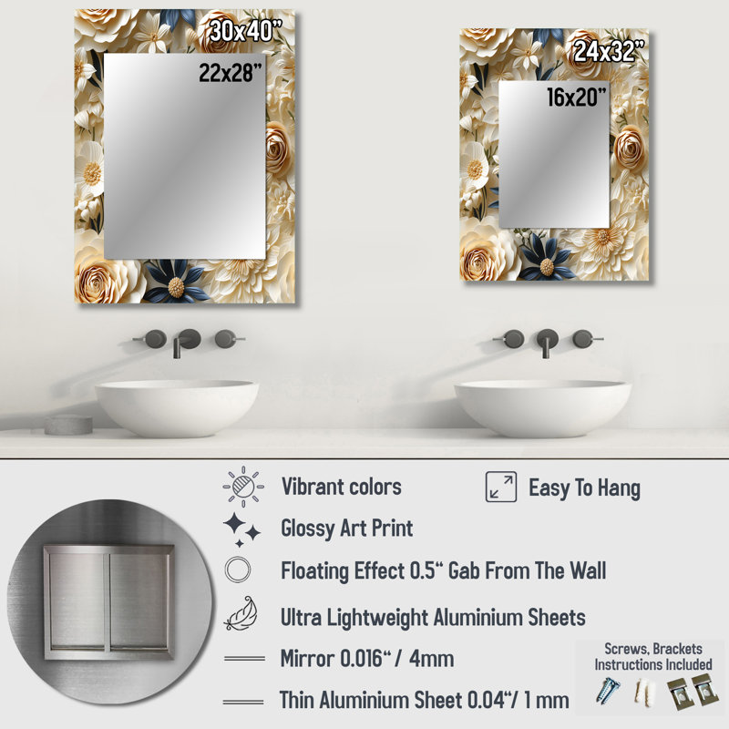 Jackson Cream Lace Botanics - miroir floral unique, 40 po x 30 po