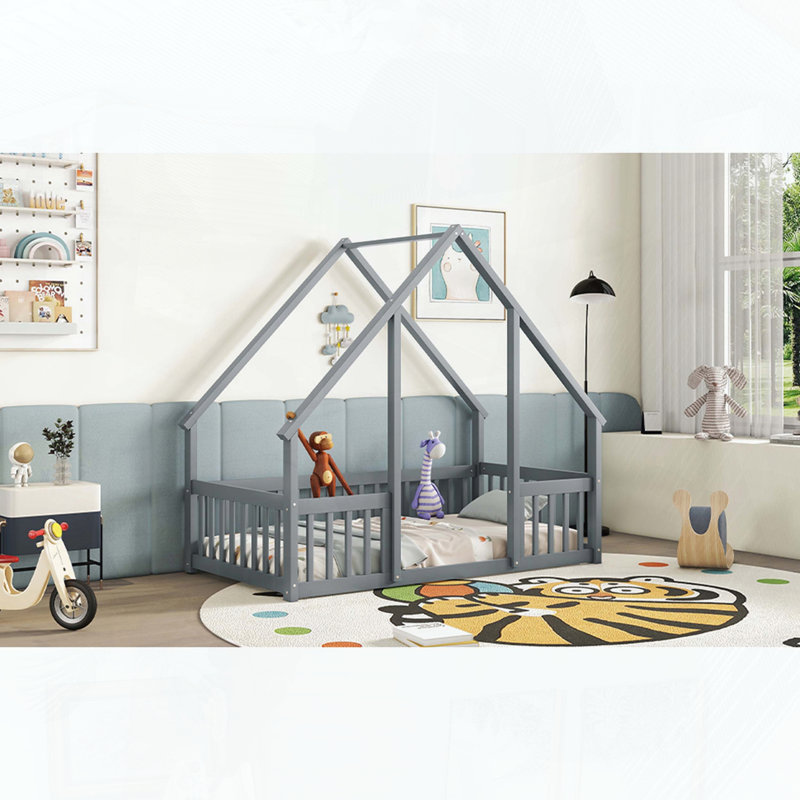 Twin Pine Wood House-Shaped Floor Bed with Guardrails, Gray, Twin