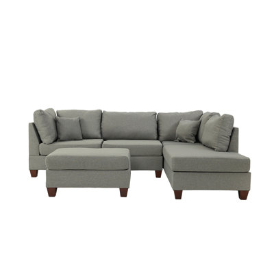 Reversible Polyfiber Sectional Sofa With Ottoman, Grey