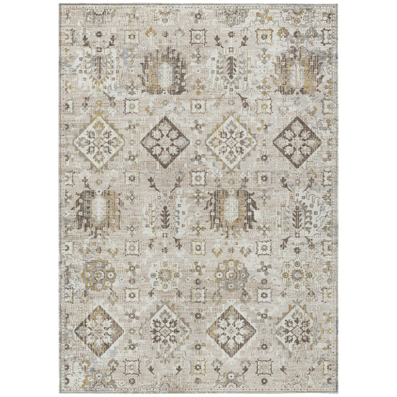 Tapis intérieur / extérieur lavable en lin et ivoire 3 pi x 5 pi Medallion