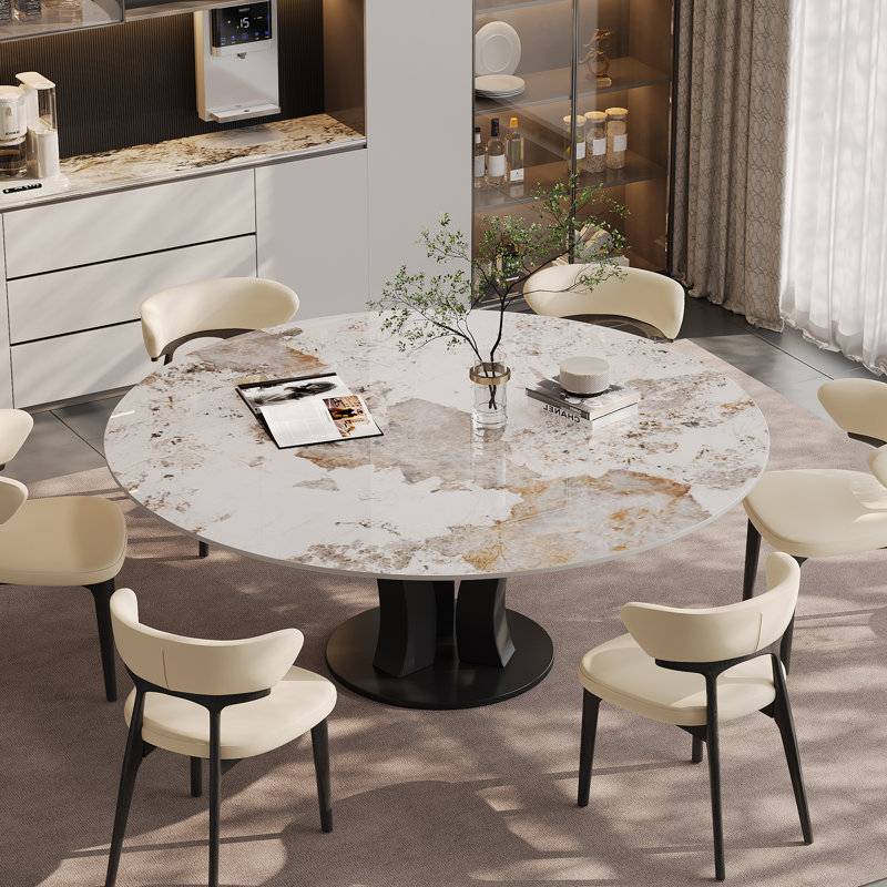 59'' Round Dining Table, Modern White Glossy Faux Marble Tabletop Dining Table with Flower-Shaped Carbon Steel Base