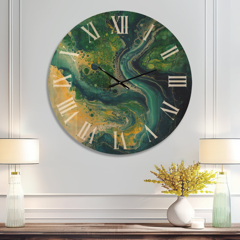 Emerald Tide Pour - Horloge murale ronde abstraite en bois, Très grand