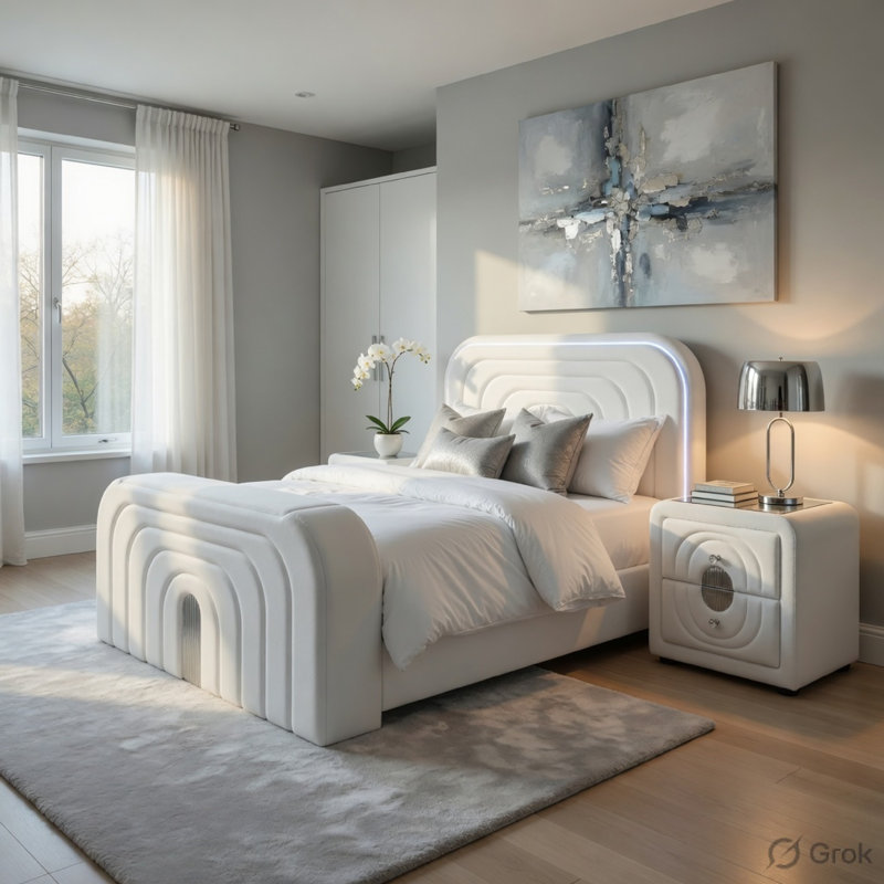 Ensemble de chambre à coucher grand lit, finition blanche, ensemble 2 pièces avec lit et table de chevet