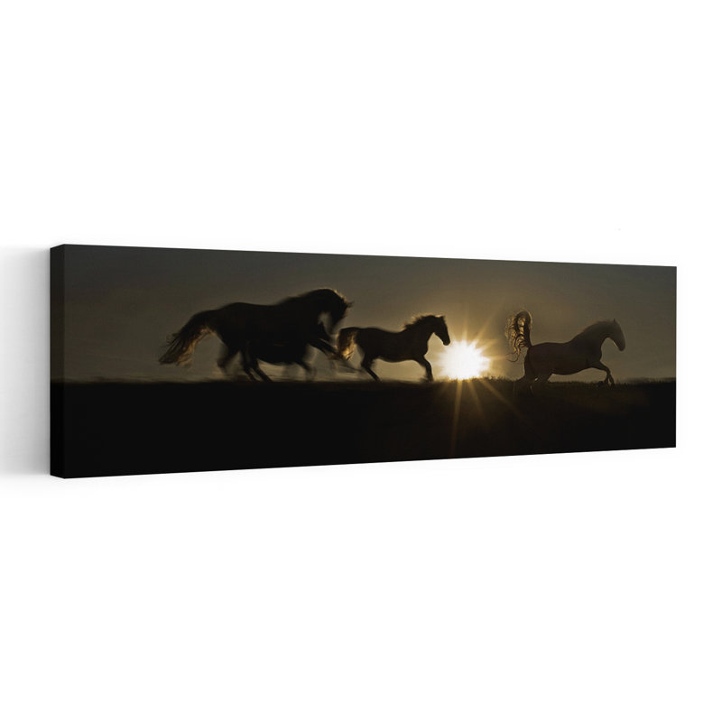 Galloping Horses Sunset by Milan Malovrh - Wrapped Canvas Panoramic Print, 30.48 cm H x 91.44 cm W