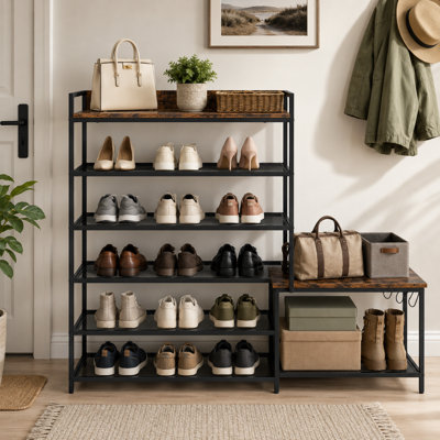 Industrial 6-Tier Shoe Rack Bench with Built-In Seat, Freestanding Boot and Shoe Shelves for High Heels, Entryway Hallway Closet Organizer, Brown, 48.7 Inches Tall