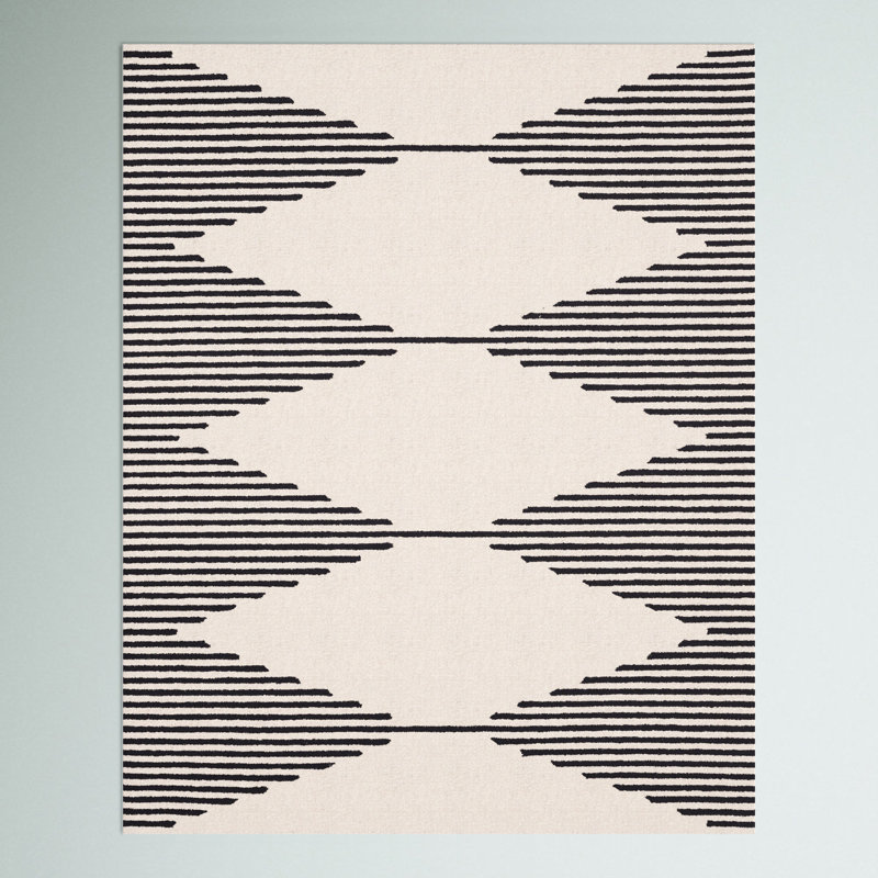Kaden Handmade Contemporary Diamond Striped Wool Ivory/Black Rug, Rectangle 8' x 10'