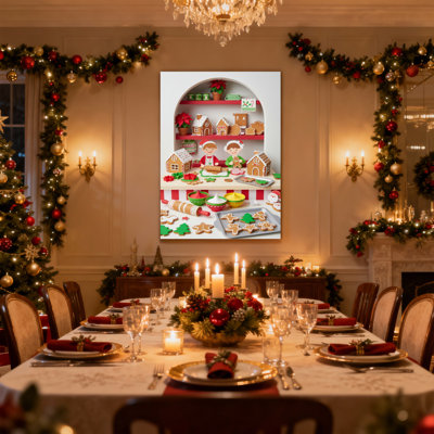 Christmas Gingerbread House Baking Scene Pattern Set of 3 Canvas Wall Art Prints