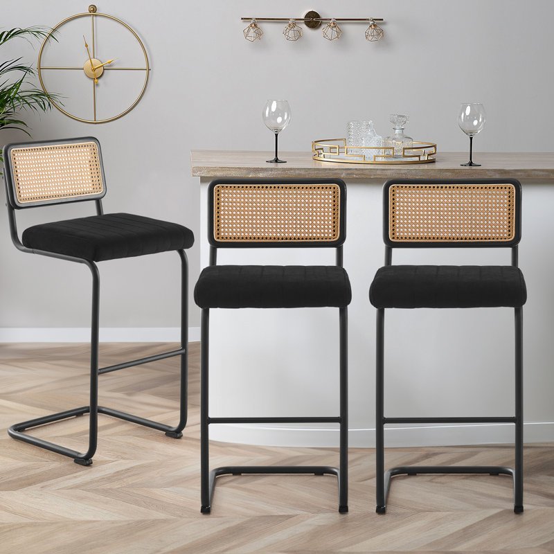 Black Velvet Upholstered Bar Stool with Cane Back and Metal Frame