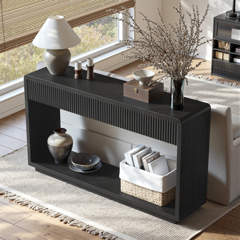 Table d'entrée 59 "avec tiroirs, console cannelée Boho, table de canapé avec rangement, Black