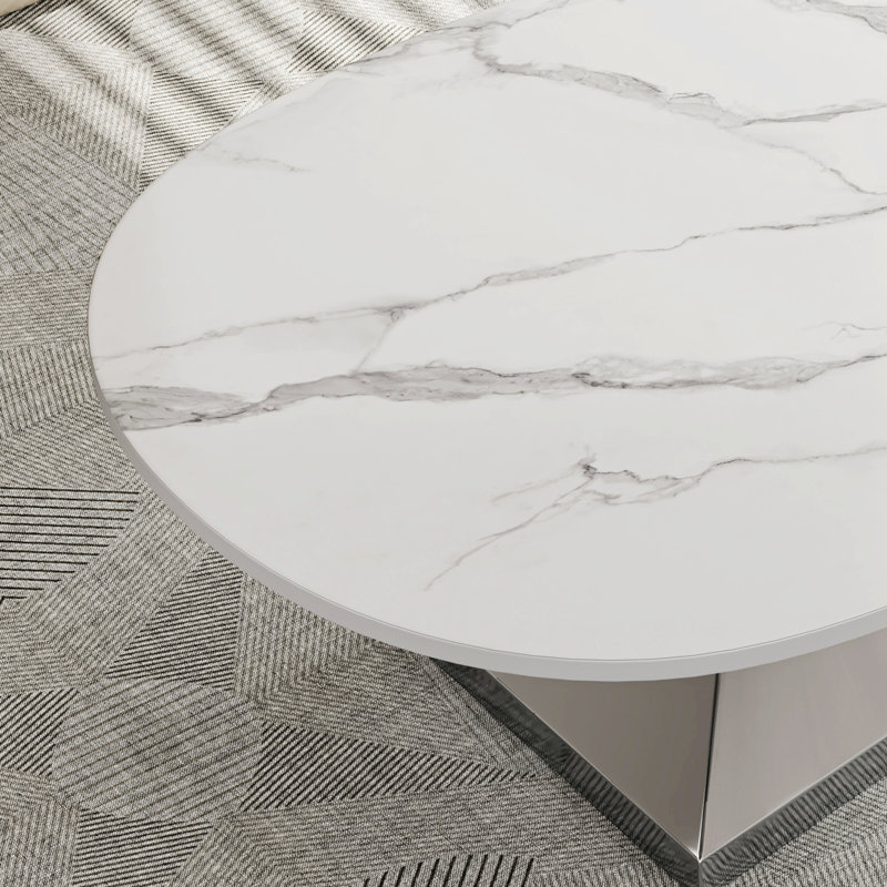 Table basse en pierre frittée élégante et durable avec base en acier inoxydable pour un style de vie élégant, Argent argent