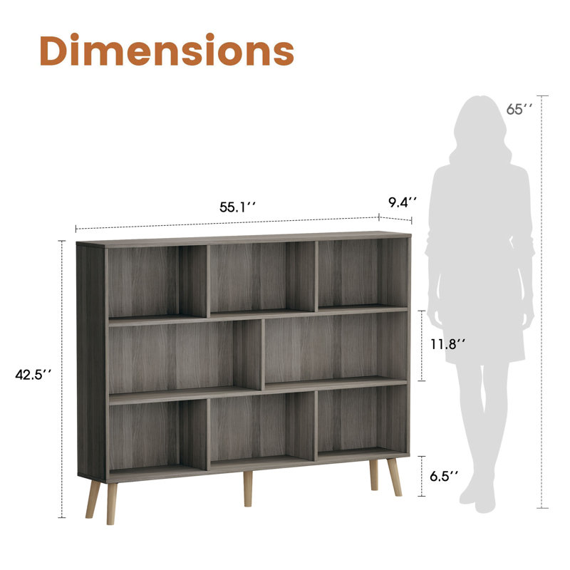 Adisyn No Subject Bookcase, Stone Gray, 42.5''H x 55.1''W x 9.4''D