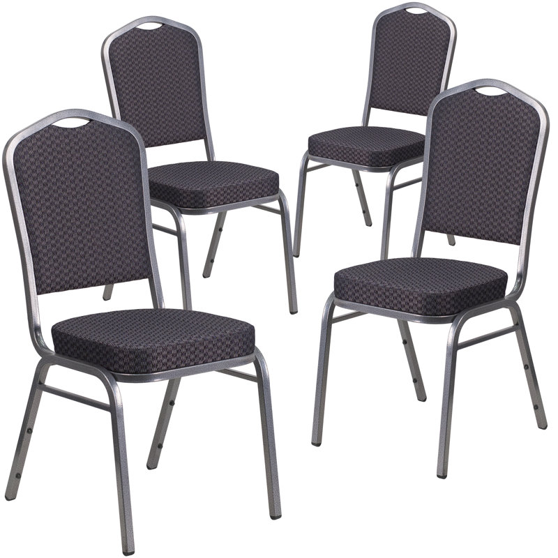 Oliverson Crown Back Stacking Banquet Chair, Black Dot Patterned Fabric, Silver Vein Frame, 4