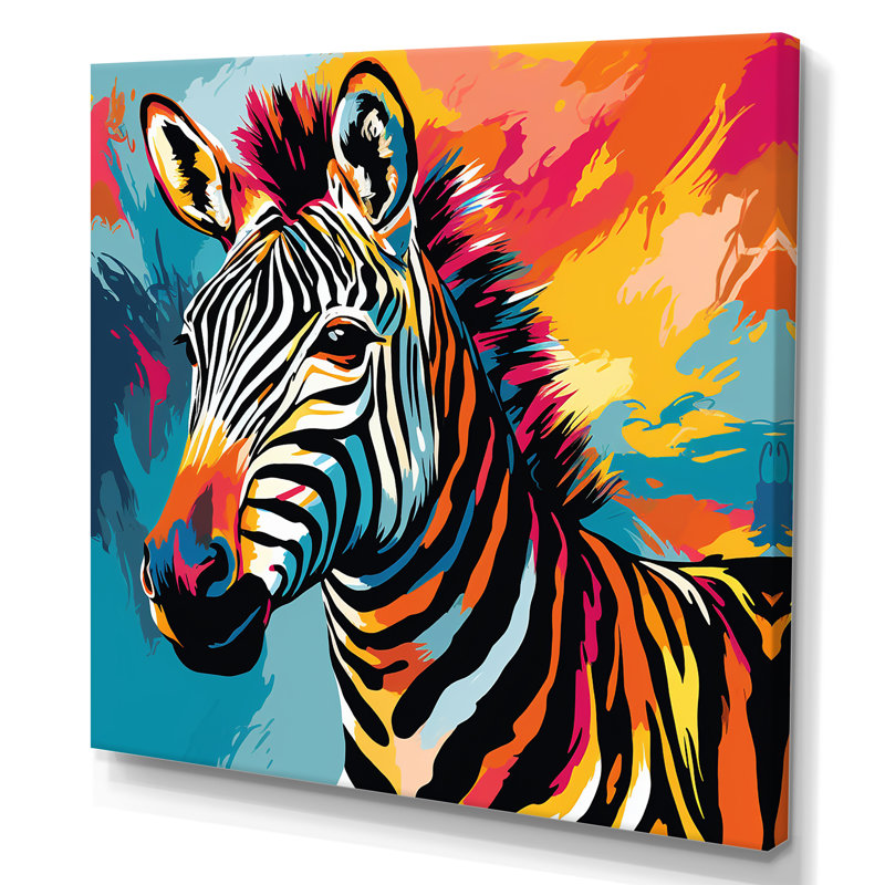 Coloré Popart fantaisie zébrée I - art mural zèbre, H 30 po x l 30 po x P 1,5 po, Toile tendue